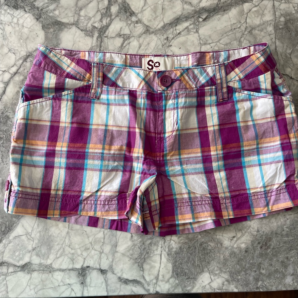 New! 100% cotton So Women's Plaid Shorts - Purple and White size 11